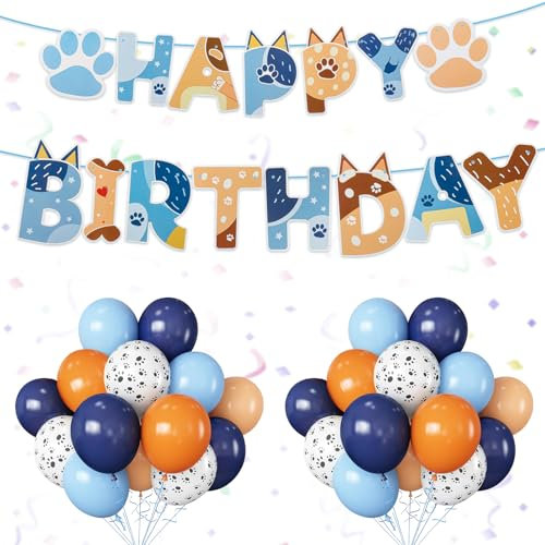YiranBlauerHunde-Geburtstagsdekorationen umfassen Happy Birthday-Banner, 30,5 cm weiße Pfoten-Ballons, und orangefarbene Latex-Luftballons.