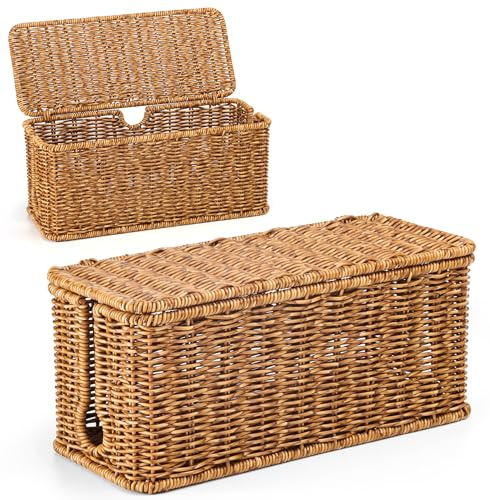 Handmade Cable Management Box, Imitation Rattan Cord Organizer Cord Hider Box, Desk Cord Management Box to Hide Cords and Power Strip L12.5 W5.2 H5.5 CB2412 Deep Speckled Brown