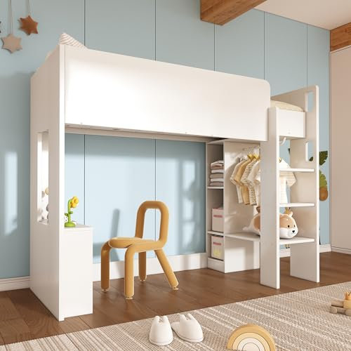 buiesjole Kinderbett, Hochbett Einzelbett 90 x 200 cm, Vielseitiges 3-in-1 Holzbett- Mit Aufbewahrungsfächern, Kleiderschrank, offenen Regaleinheiten und Treppe, Weiß