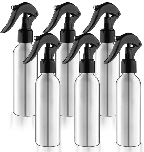 6 botellas de aluminio con atomizador de líquido vacío con pulverizador negro para el cuidado del cabello, aceites esenciales, plantas, hogar, cocina, 150 ml