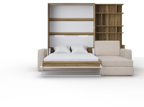 MAXIMAHOUSE Schrankbett 140x200 Vertikal mit Integriertem Ecksofa – Wandklappbett INVENTO 140V LED – Klappbett Platzsparend | Holz Lattenrost | Für Wohnzimmer Gästezimmer