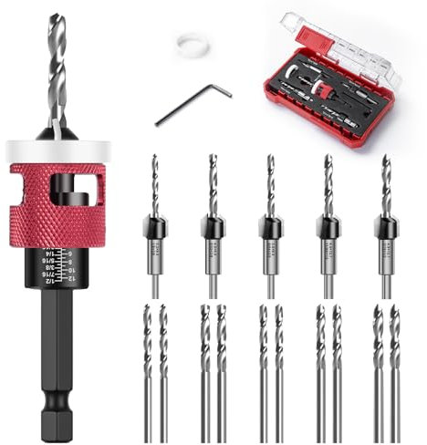 Mtchavno Countersink Drill Bit Set, 15 Pieces, Countersink Wood Drill Bit with Depth Stop, Drill Countersink with 1/4 Inch Hex Shank, Made of HSS-M2, Precise Drills, for Wood Processing