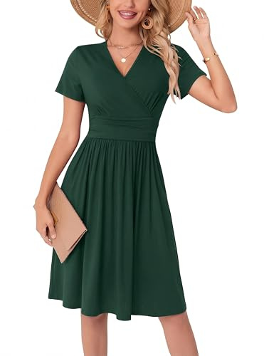 WUWUSKY 2026 Nuove Vestito Donna Sexy Scollo a V Midi Abiti Linea A Elegante Manica Corte con Tasche, 01 Verde Scuro, S