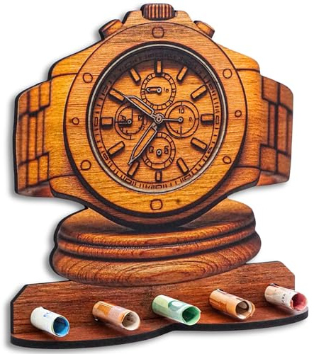 DRO Design Geldgeschenke, Geschenkverpackung Holz-Optik Uhr Motiv – Bargeldgeschenk, Geldpräsent, Kreatives Geldgeschenk, Geburtstag, Hochzeit, Weihnachten