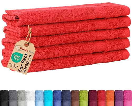 BaSaTex 5-pack frotté gästhanddukar set 30 x 50 – gästhandduk av 100 % bomull tillverkad i grönt – färg: röd