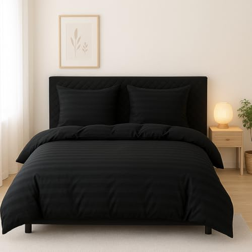 TEXTILOVE Bettwäsche 3-teilig Set 160x200 cm Schwarz Gestreift aus Damast Mikrofaser Elegant Aesthetic Hotelbettwäsche 1 Bettbezug und 2 Kissenbezüge 70x80 cm Oeko-TEX 100