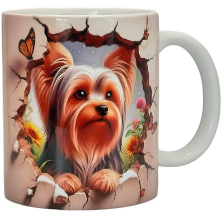 Shopi Zone Taza de cerámica Yorkshire Terrier 3D – Diseño realista con perro, mariposas y flores – Taza original para café o té – Regalo único para amantes de los animales y perros pequeños