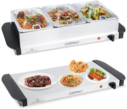 COSTWAY 2 in 1 Electric Buffet Server, 3 Tray Food Warmer with 3 x 1.4L Removable Pans, Warming Plate Function, Adjustable Temperature Control & Transparent Lids, Dual Function Hot Plate Chafing Dish