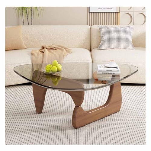 Mesa auxiliar triangular con base de madera maciza y parte superior de cristal transparente para decoración moderna del hogar y la oficina