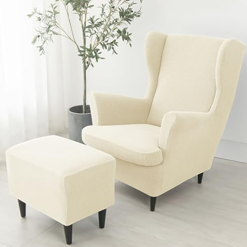 Generisch 3 Teilig Ohrensessel Überzug Mit Ottomane Schonbezug, Sesselbezug Stretch + Polsterhocker, Sessel-Überwürfe Sesselhusse, Stuhlbezug Universal rutschfest Abnehmbarer,Beige