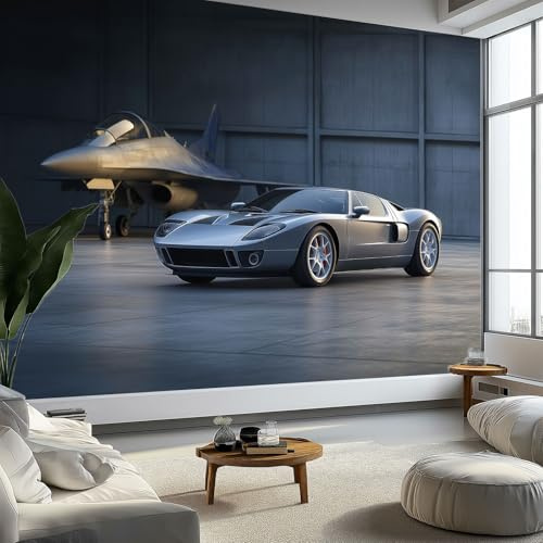 Tapete 3D Fototapete 3D Silber Sportwagen Jet 350 x 256 cm Vliestapete Wandbild Fototapeten, Grau Wandtapete Schlafzimmer Wohnzimmer TV Hintergrund Wand Moderne Panorama Wanddeko