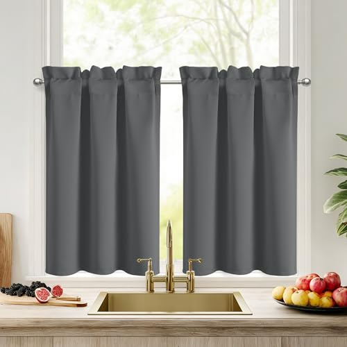 DWCN Dunkel Grau Kurze Scheibengardinen Blickdichte Küche H90xB60cm 2 Stück | Thermogardine Abdunkelnd Vorhang, Bistrogardine mit Stangedurchzug für Kinderzimmer Schrankvorhang Badezimmer Landhaus Keller
