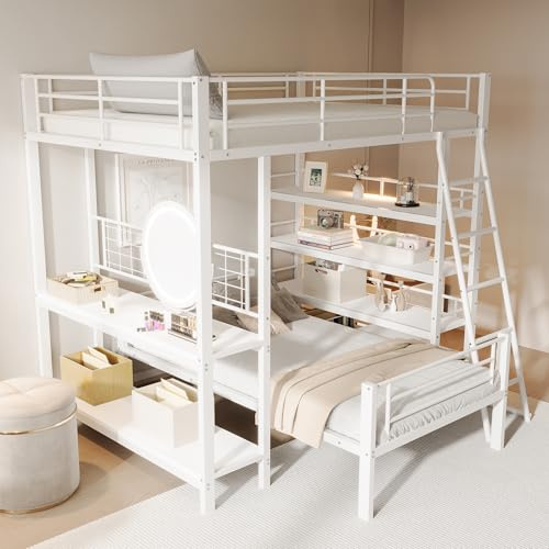 Våningssäng 140 x 200, av metall, loft, säng med hyllytor, våningsram med ribbotten, förvaringssäng med öppet område, bunk säng, ombyggbar för sovrum, gästrum
