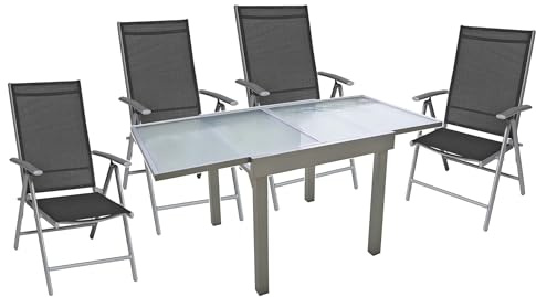 DELUKE Garten-Sitzgruppe ARNE 5-TLG. - Aluminium, Grau | Gartenmöbel-Set Gartengarnitur Garten-Essgruppe mit Hochlehner-Klappstühlen und Esstisch