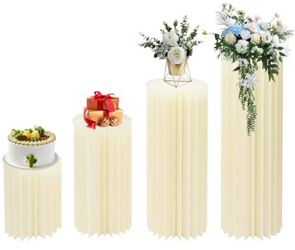 Falyrex Lot de 4 supports de fleurs pliables en carton, colonnes cylindriques avec plaques en PVC 40/60/80/100 cm, blanc, capacité de charge 25 à 30 kg, pour mariage, fête, anniversaire