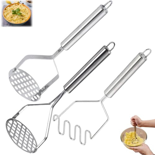 3 PCS Potato Mashers, Stainless Steel Potato Masher Set with Three Design Variations, for Smooth and Chunky Mashes, Durable Metal Construction for Kitchen Use