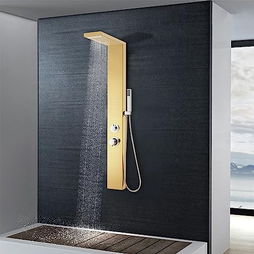 Mangloder Système de panneau de douche en acier inoxydable 201 doré avec jets de massage cascade, douchette à main et pommeau de douche pour baignoire douche, tuyau de 150 cm, raccord G 1/2, design