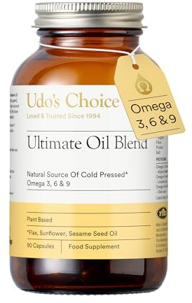 Udo's Choice Ultimate Oil Blend Capsules – Vegan Omega 3 6 9 from Cold-Pressed Plant Oils – Flaxseed, Evening Primrose, Sunflower – Heart, Brain, Skin, Hormone Support – 90 Capsules – 45 Servings