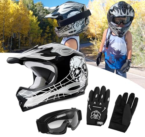 XFMT DOT Youth Kids Motocross Offroad Street Dirt Bike Helmet W/Goggles Gloves ATV Mx Skull Helmet