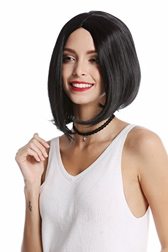 WIG ME UP - YZF-4370-1 Parrucca Donna Corta Altezza spalle Bob lungo Riga in mezzo Liscia Nero Nero carbone