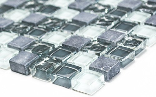Mosaik Quadrat Crystal/Stein mix grau Glas Naturstein Fliesenspiegel, Mosaikstein Format: 15x15x8 mm, Mattengröße: 322x305 mm, 1 Matte
