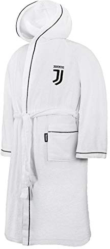 NUOVO LOGO ACCAPPATOIO CON CAPPUCCIO UFFICIALE FC JUVENTUS TG S M L XL XXL BIANCO NERO 100% MICRO SPUGNA PURO COTONE UOMO (XL - 52 / 54)