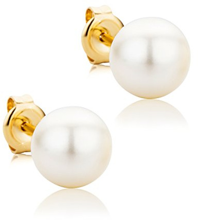 OROVI Ohrringe Gold- 9 karat (375) Gelbgold – Perlenohrringe, Ohrstecker Gold mit Weißen Süßwasserperlen 8.5 mm, Hypoallergene Perlen Ohrringe, Schmuck Damen, Gold Schmuck- inkl. edler Schmuckbox