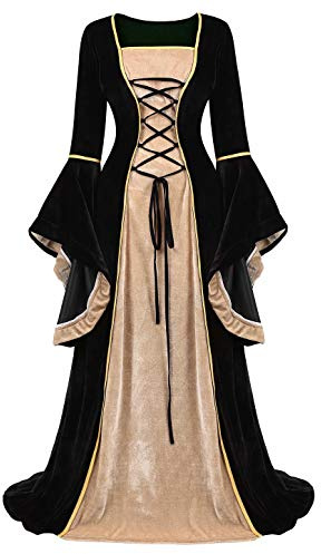 Jutrisujo Renaissance Femmes Robes Médiévale Velours Manches Longues Parti Costume Déguisements Halloween De Mariée Gothique Noir S