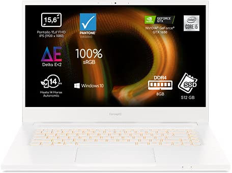 acer ConceptD 3 CN315-72G - Ordenador Portátil 15.6 Full HD IPS, Laptop (Intel Core i5-10300H, 8GB RAM, 512GB SSD, NVIDIA GeForce GTX 1650, Windows 10 Home), PC Portátil Blanco - Teclado QWERTY