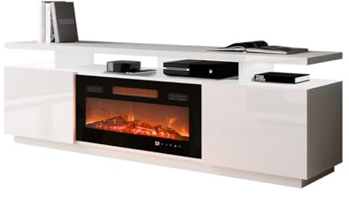 Mirjan24 TV Schrank Lostino mit Elektrischem Kamin, Realistische LED-Flamme, Elektrischer Kamin mit Heizung, TV Lowboard (ohne Beleuchtung weiß/weiß Hochglanz)
