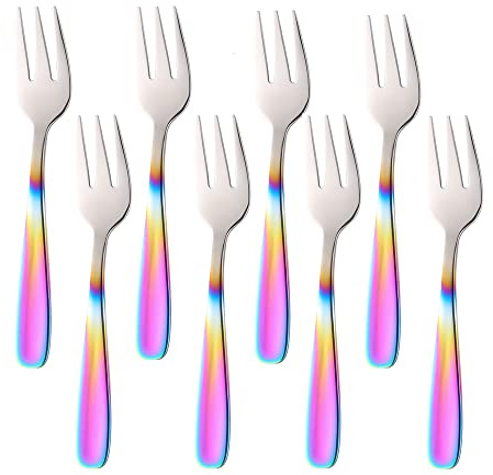 18/10 Rostfreier Stahl Kuchen Gabel 3 Zinken Obst Gabel, Bisda 8-teilig Gradienten Regenbogen Gabeln Satz Spiegelpolitur ideal für Hochzeitsfest Dessert