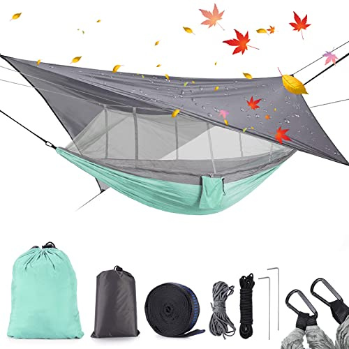 Camping Hammock with Mosquito Net & Rain Fly Tent Tarp & Tree Straps Portable Strong Nylon Hammock Tent w/Storage Bag for Camping Hiking Backyard Outdoor Backpacking Travel (Mint Green)