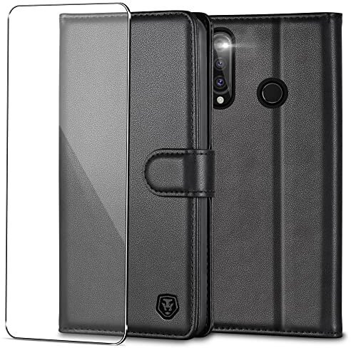 Kuafcase Handyhülle für Huawei P30 Lite Hülle mit Panzer Glas | Premium PU Leder Hülle, Kartenfächern, Standfunktion, Klapp-Geldbörse, RFID Schutzhülle, Stoßfest, Schwarz