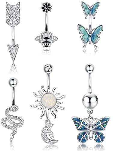 Dochais Piercing Set: Bauchnabel Piercings in Edelstahl & Silber, Schmetterling, Schlange & Biene Designs, 14G, 10mm für Damen & Männer