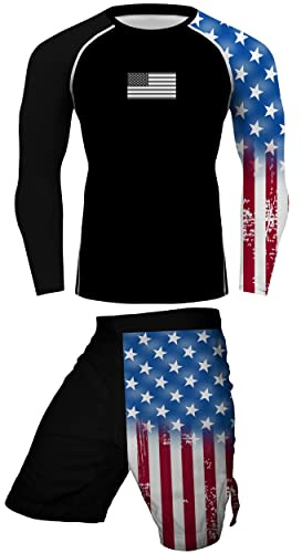 Men's BJJ, No GI, MMA, United States Flag Compression Tops and Board Shorts Training Workout Gym -Jiu-Jitsu Suit Sets