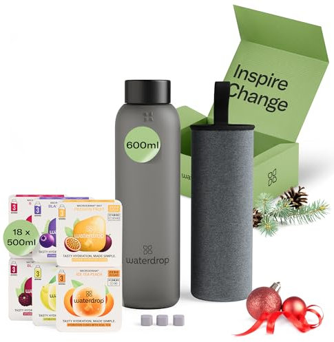 waterdrop® Glass Starter Set – 600ml Borosilicate Glass Bottle + 18 Sugar-Free Microdrink Hydration Cubes in 6 Flavours, Vitamin C & B Infused, BPA Free Water Bottle, Gift Set