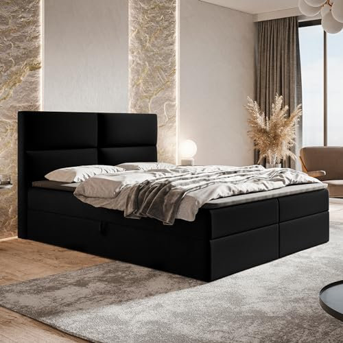 MOTIVENA Nevada Boxspringbett 180x200 mit Bettkasten und Topper, Polsterbett 180x200 mit Bettkasten, Taschenfederkern-Matratze (H3), T28 Komfortschaumstoff Topper (H3), Samt, Schwarz