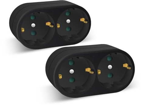 EXTRASTAR 2 en 1 Adaptador Plano Enchufe con 2 Tomas, 2 Enchufes Regleta, hasta Carge 3680W, 16A, 250V, Negro, 2 Pcs
