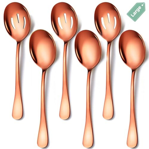 Keyoxy Set di 6 cucchiai da portata grandi, in acciaio inox, color oro rosa, include 3 grandi cucchiai da portata, 3 grandi cucchiai scanalati. Cucchiai da portata per feste/buffet, lavabili in
