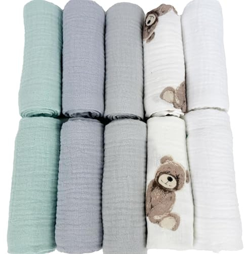 PLUMERI Musselintücher 50x30 cm Baby, 10er Set, Weiß, Teddy, Mint, Taubengrau, Grau – 100% Baumwoll-Musselin, Oeko-TEX, Spucktücher, Lätzchen & Schultertücher, Geschenk zur Geburt