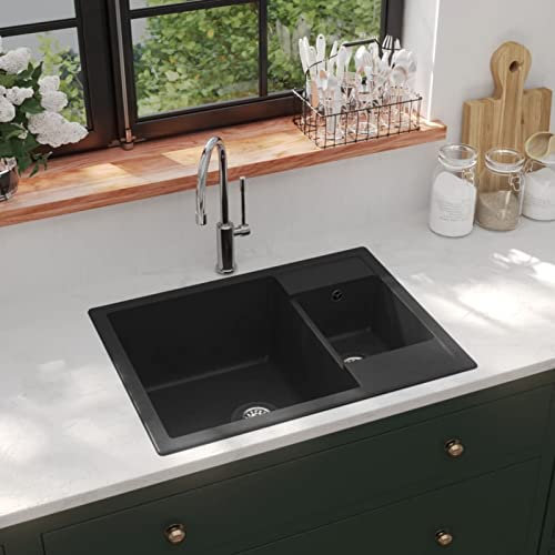 ARKEM Lavello da Cucina Doppio con Foro Troppopieno Nero in Granito,Lavello Cucina, Lavandino Cucina,Lavabo Cucina ad Incasso