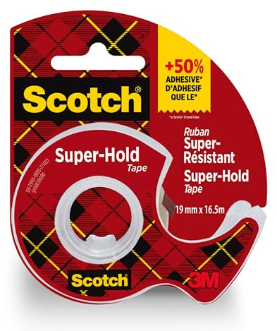 Scotch Super-Hold Tape – 19 mm x 16,5 m, 1 Rolle auf Handabroller – Durchsichtiges Allzweckband für Schule, Heim und Büro