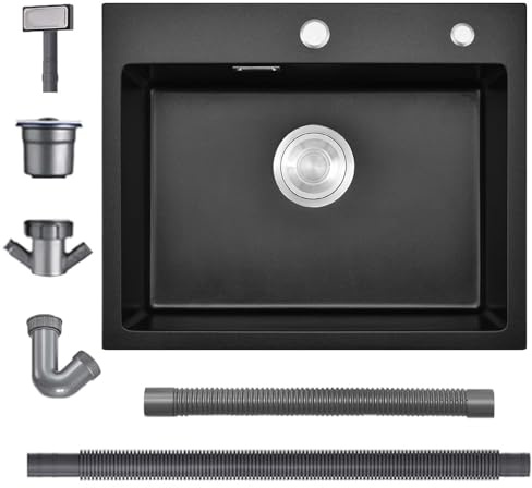 Bokaiya Black Kitchen Sink, 55x45cm Quartz Composite Kitchen Waste Kit, Drop in Topmount Sink Single Bowl, Deep Campervan with 2 Tap Holes and Siphon, Suitable for Workstation