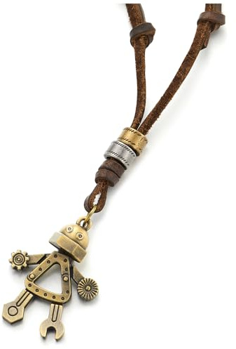 COOLSTEELANDBEYOND Steampunk Roboter Anhänger Antiquität Bronze Oberfläche Leder Halskette für Herren, Braun Verstellbaren Lederband