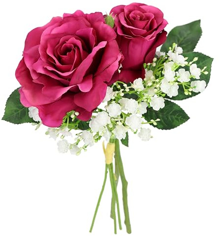 Kunstblumen 3er Set Rosen Schleierkraut künstliche Blumen Seidenrosen einzeln Bouquet Hochzeit Dekorationen Floristik Einzelblume Stielblume Blütenzweig Zweig Blumen Dekozweig Kunstzweig, Burgund