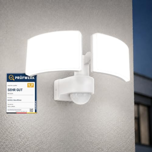 SSC-LUXon NORSU Außenwandleuchte 2-flammig mit Bewegungsmelder IP65 4000K | Wandfluter mit Bewegungs- & Dämmerungssensor - zwei schwenkbare Strahler neutralweiß für Hauseingang, Einfahrt & Hof, IP65