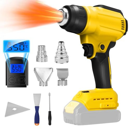 Décapeur thermique sans fil compatible avec Dewalt 20V batterie, Pistolet Thermique sans fil avec 2 vitesses, affichage de température et de batterie, 4 buses et spatule (sans batterie)