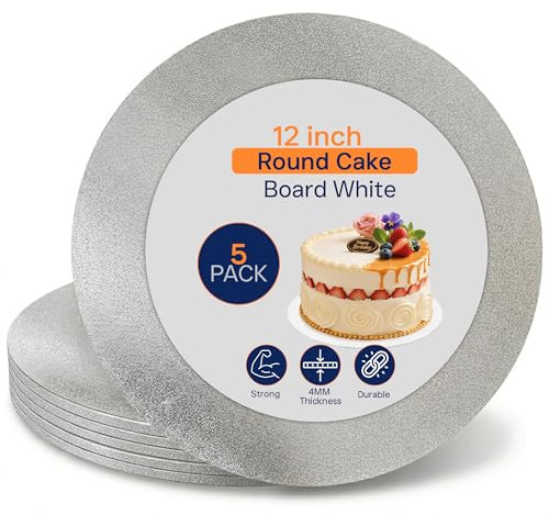 SAMZ Packaging 12 Silver Cake Board, Strong Round Cake Board, Cake Drum, 4mm Thick (Pack of 5)