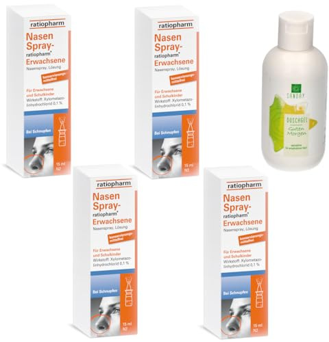 NasenSpray ratiopharm für Erwachsene Sparset inklusive SANDAY DUSCHGEL Guten Morgen 4x10 ml abschwellendes Nasenspray bei Schnupfen und Nasennebenhöhlenentzündungen mit Xylometazolin 0,1%