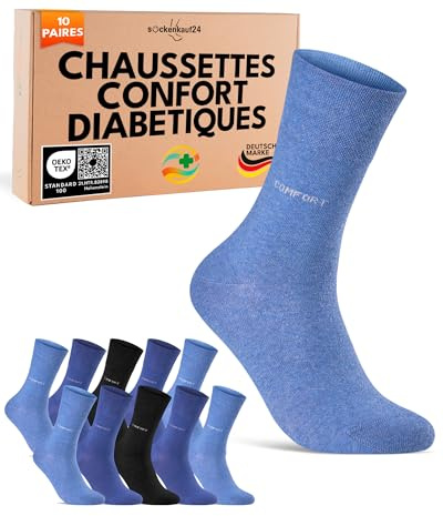 sockenkauf24 Chaussettes Confort Diabetiques Homme 39-42 Femme 10 Paires sans Elastique et sans Couture Noir Bleu Navy